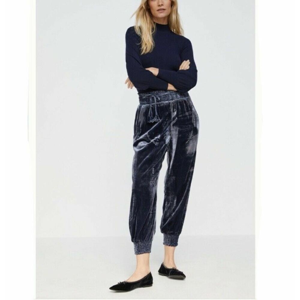 Anthropologie Gloria Velvet Jogger Pants Smocked Waist Pockets‎ Blue Gray Medium
